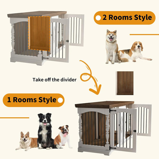 Dog Crate Furniture for 2 Dogs with Hand-Carved Patterns, All-Solid Wood Double Dog Crate & TV Stand, Large Dog Kennel with Divider for Giant Breeds, Heavy Duty Dog Cage, 62In(White)