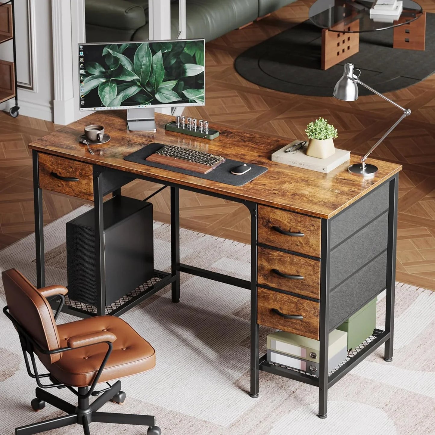 47 Inch Computer Desk with 4 Drawers, Office Desk with Mesh Shelf, Gaming Desk, Large Storage, Writing Work Desk for Home Office, Study, Bedroom, Work from Home, Rustic Brown