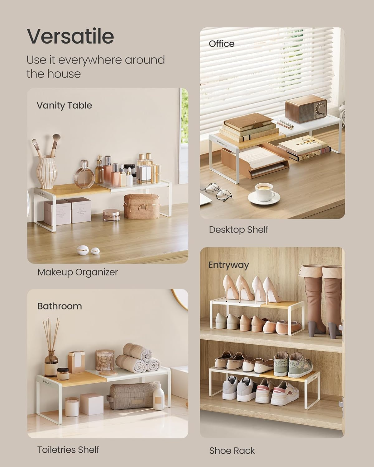 Spice Rack, Expandable Cupboard Shelf Orgnizer, Kitchen Counter Shelf, Bamboo and Metal, Space-Saving Shelving, Stackable, Light Bamboo and Cream White UKCS052W01