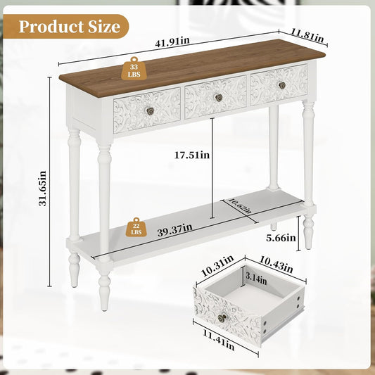 Entryway Console Table with 3 Drawers,42" Carved Hallway Table with Open Shelf,Long Sofa Table for Living Room, Hallway, behind Couch,White