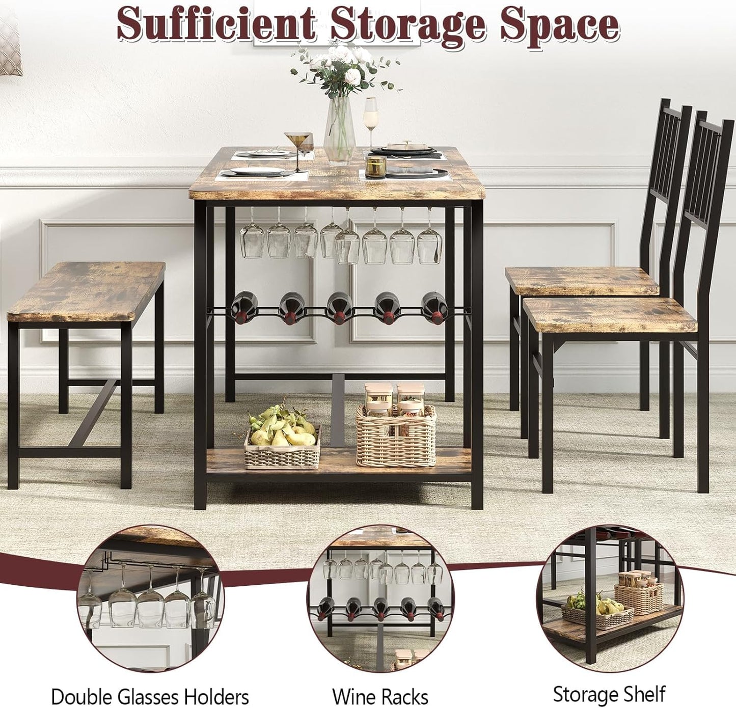 Dining Table for 4, Kitchen Table Set for 4 with 2 Chairs and Bench, Dining Room Table Set with Built in Wine Rack & Wine Glasses Holder, Storage Shelves for Small Space, Kitchen, Rustic Brown