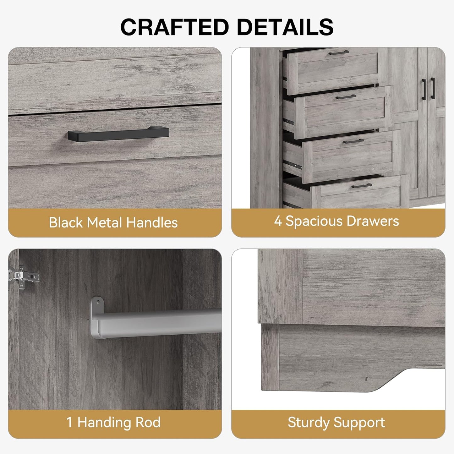 43.3'' H Armoire Wardrobe Closet with 4 Drawers and 2 Doors, Hanging Rod, Multifunctional Wooden Dresser with Storage Closet, Bathroom Cabinet for Bedroom, Gray