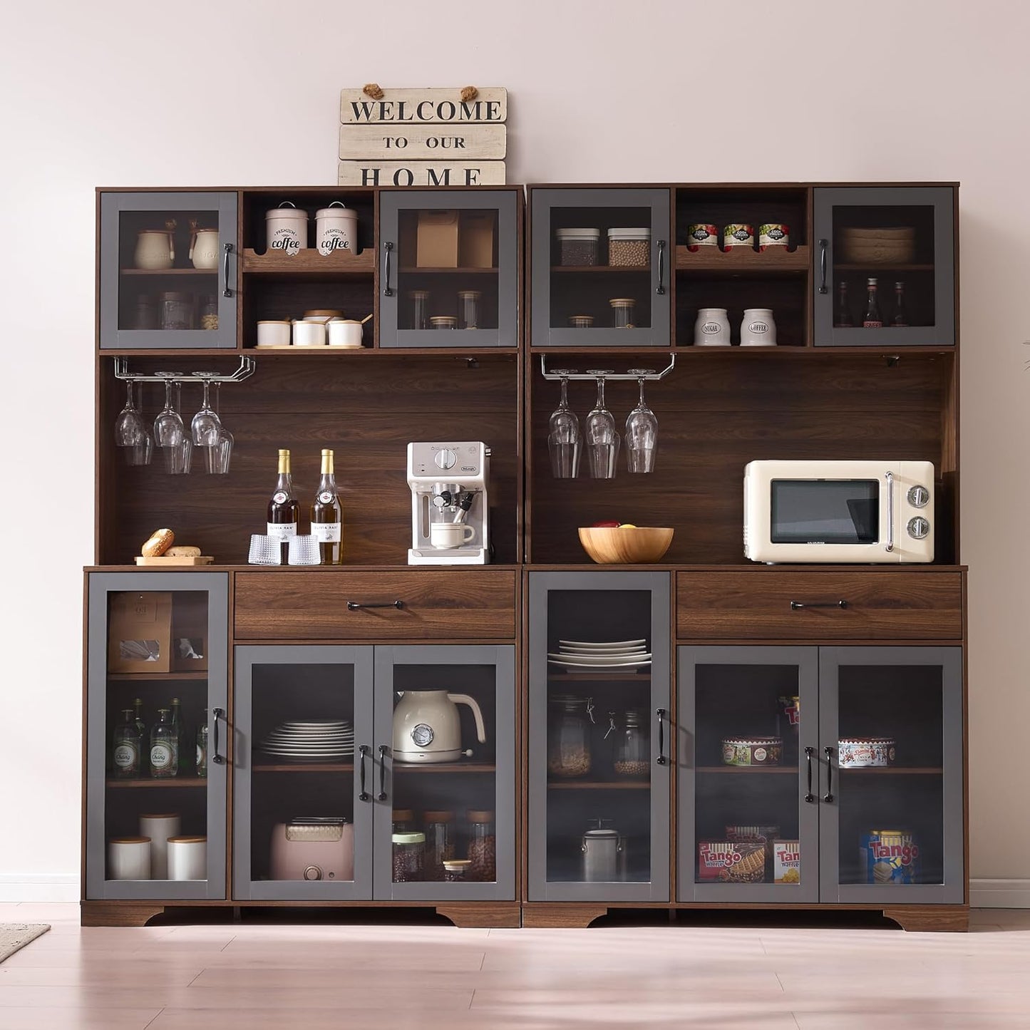 Brown tall coffee bar pantry cabinet with charging station and LED lights, view 7
