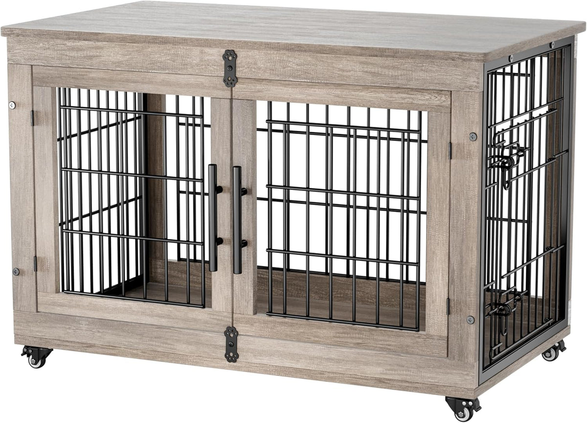 Grey large wooden dog kennel with cushion, double doors and wheels, view 9