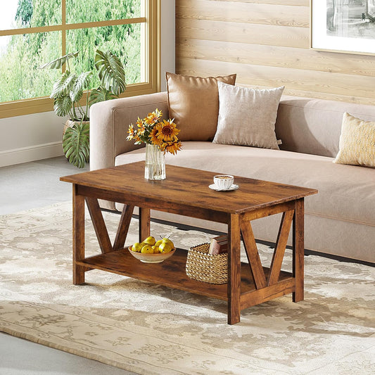 Coffee Table with Storage Shelf, 39.4" Farmhouse Coffee Table with V-Frame Support, 2-Tier Wood Rustic Center Table for Living Room, Bedroom & Balcony, Rustic Brown