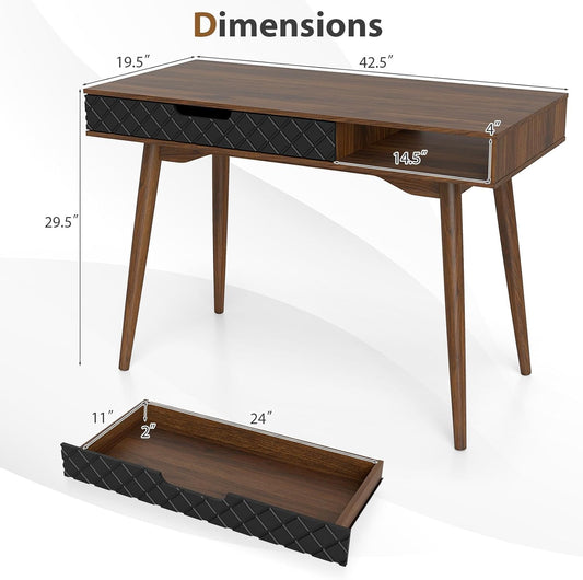 Mid-Century Modern Computer Desk, Home Office Desk W/Drawer & Open Compartment, Laptop PC Desk W/Rubber Wood Legs, Makeup Vanity Table, Vintage Writing Desk Workstation for Study, Bedroom