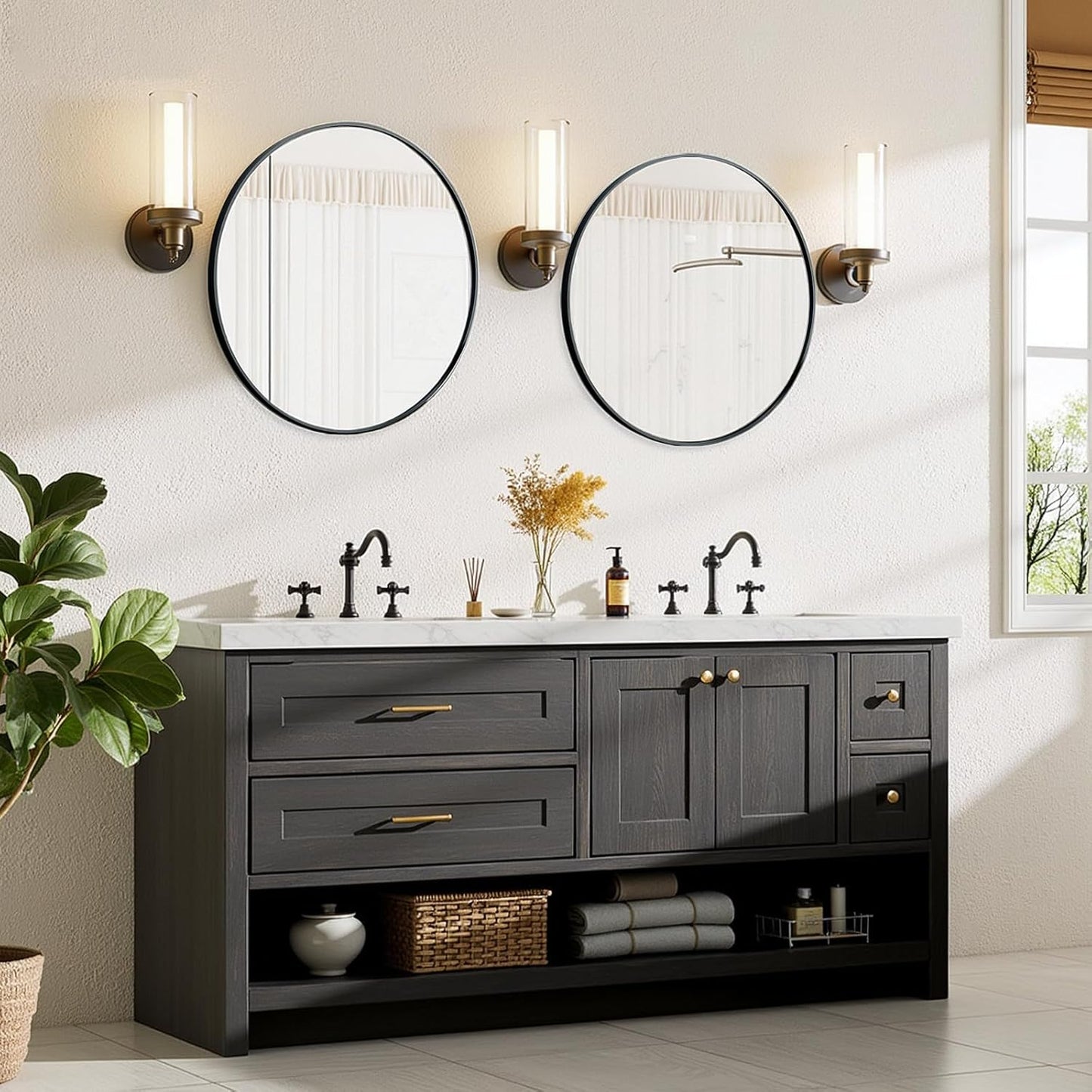 Bathroom Mirror for Wall, 24 Inch round Mirror, Matte Black Metal Framed Circle Vanity Mirror for Bathroom Bedroom Living Room Entryway, Anti-Rust, Tempered Glass, Hanging or Leaning