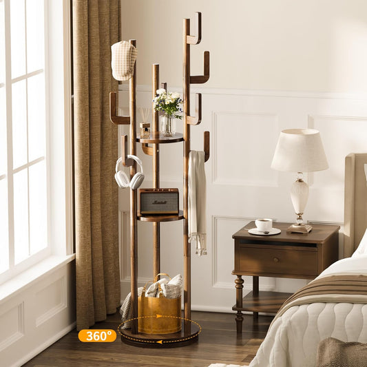 Rotary Coat Rack Freestanding - Solid Wood Coat Tree with 9 Hooks & 3 Storage Shelves for Purse, Bag, Jacket, Hat, Corner Hanger Stand Racks for Hall, Entryway, Office, Modern Clothes Holder