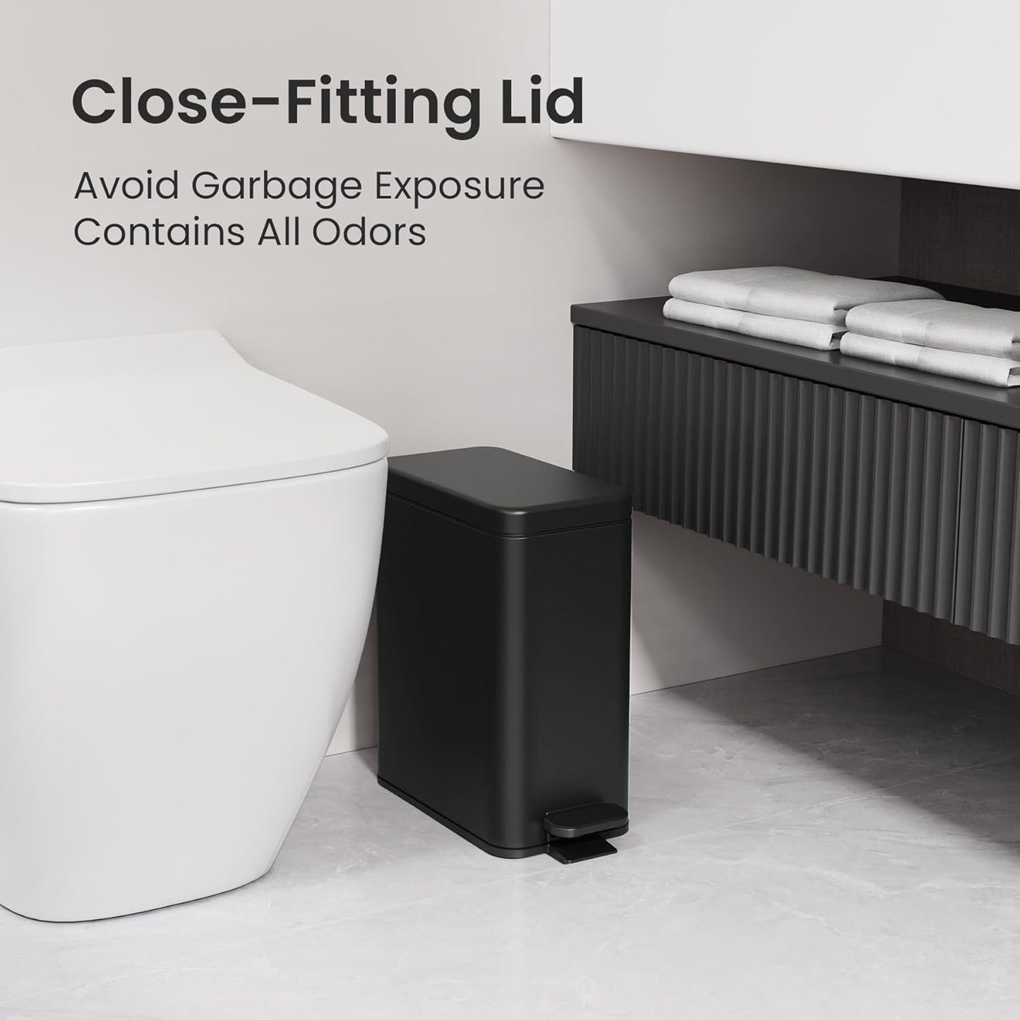 Bathroom Trash Can with Lid, 2.6 Gallon Small Black Bathroom Garbage Can Soft Close, Stainless Steel Waste Basket with Step Pedal for Bedroom, Laundry Room, Living Room, Home Office, Toilet, RV