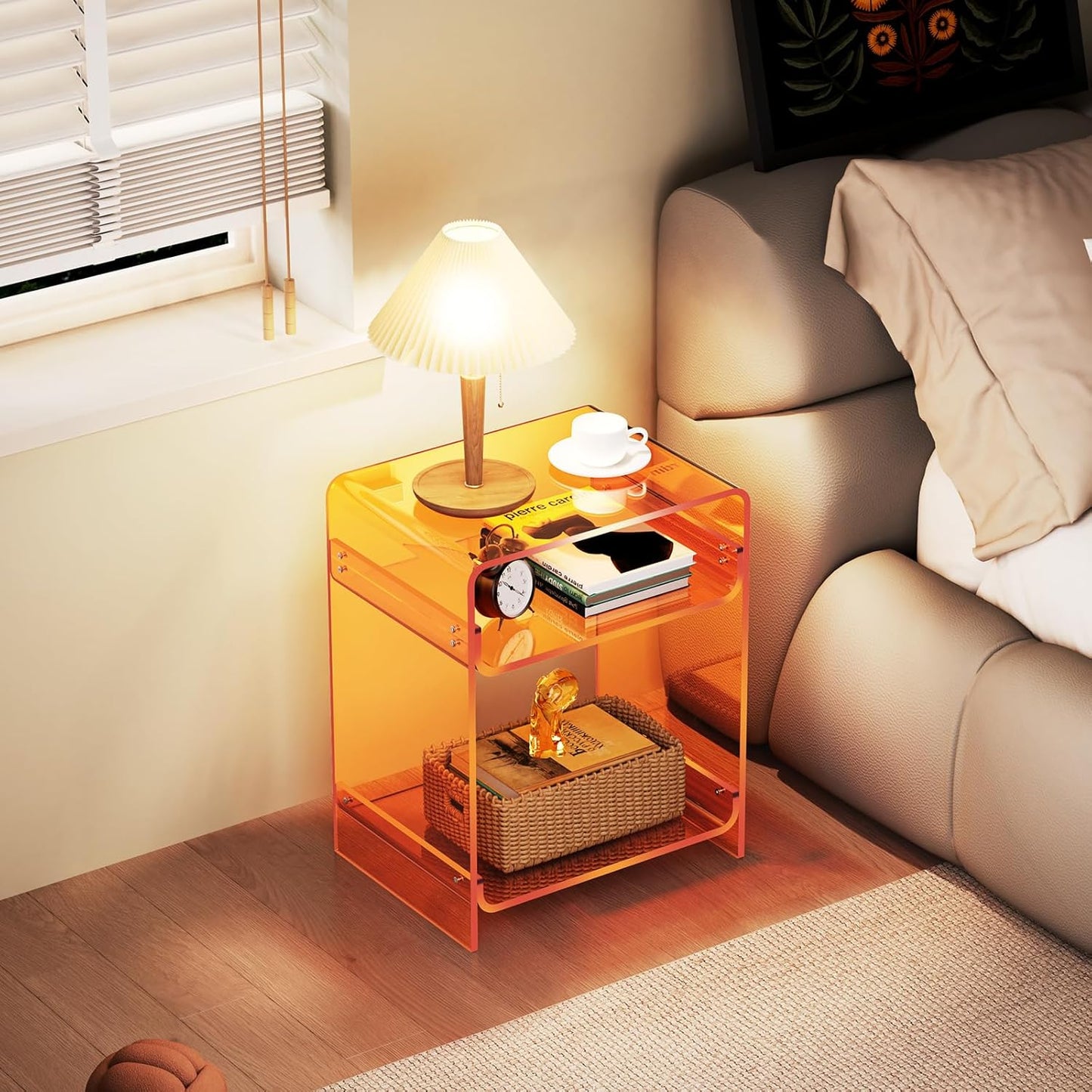 Acrylic End Table Record Player Table with Storage Shelf Clear Side Table Nightstand, Orange | Storage Shelf