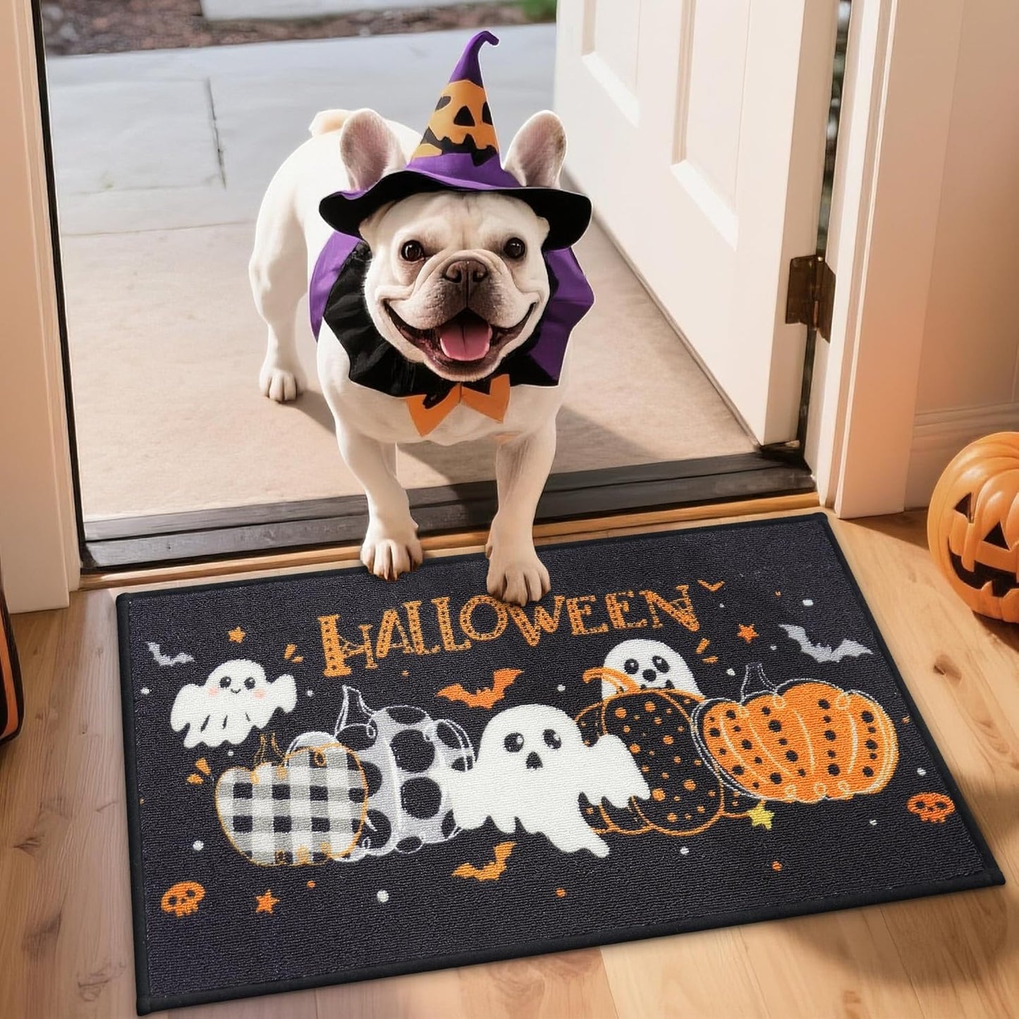 Halloween Holiday Doormat, 17''X30'' Non-Slip Ghost and Pumpkins Decorative Welcome Mats for Floor, Low-Profile Entryway Rugs Washable, Pumpkins Party Pattern