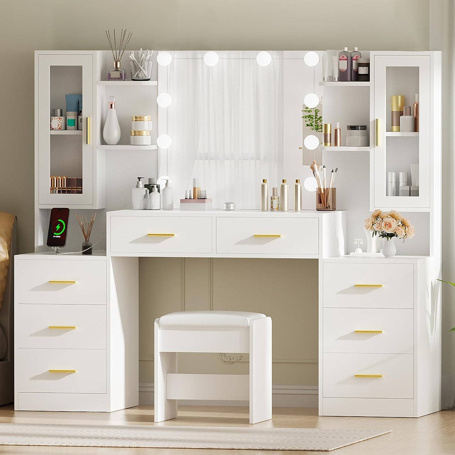 59.1" Large Vanity Desk with Mirror & Lights White Makeup Vanity Set with Power Outlet and 8 Drawers 3 Lighting Modes Adjustable Dressing Table for Girl Women Bedroom Dressing Room UBDT67W