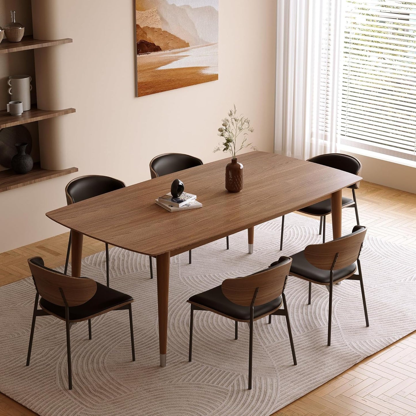 Mid-Century Modern 62.9" Dining Table, Multi-Purpose for Kitchen Meals, Home Office Work, Living Room Breakfast Nook & Patio Gatherings, Elegant Dinner Table for Dining Room Use, Walnut