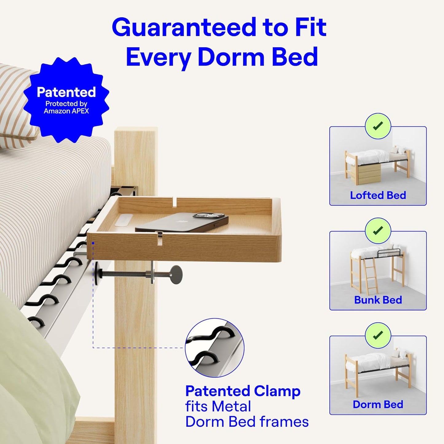 Smallish Bedside Shelf for Bunk Bed & Top Bunk, College Dorm Room Essentials, Loft Nightstand, Floating Bed Side Table Tray Storage, Dorm Room Decor (Flexfit Model, Natural)