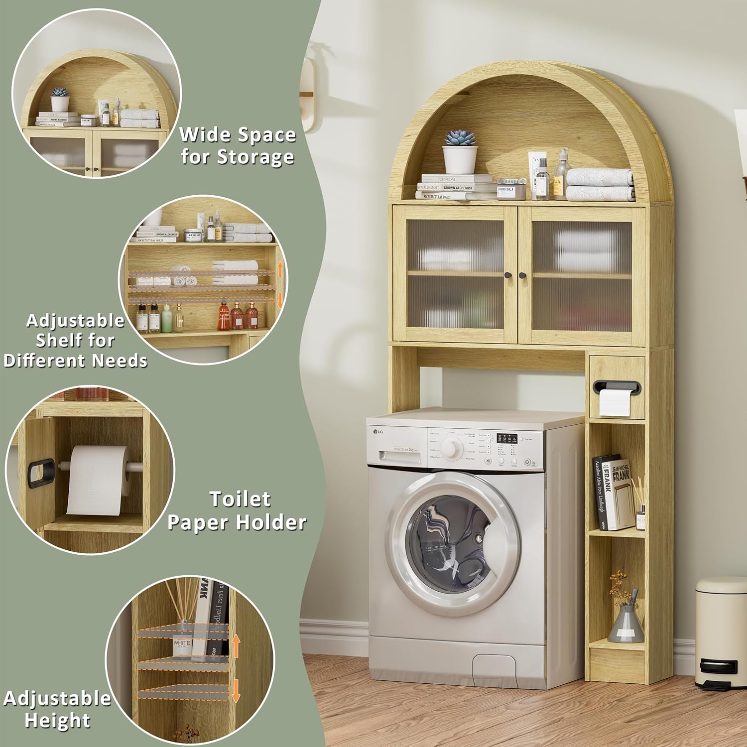 Over the Toilet Storage Cabinet, 31''W Arched Space-Saving Bathroom Organizer with Adjustable Shelf and Acrylic Doors, Freestanding over Toilet Cabinet for Bathroom, Laundry, Restroom (Oak Wood)