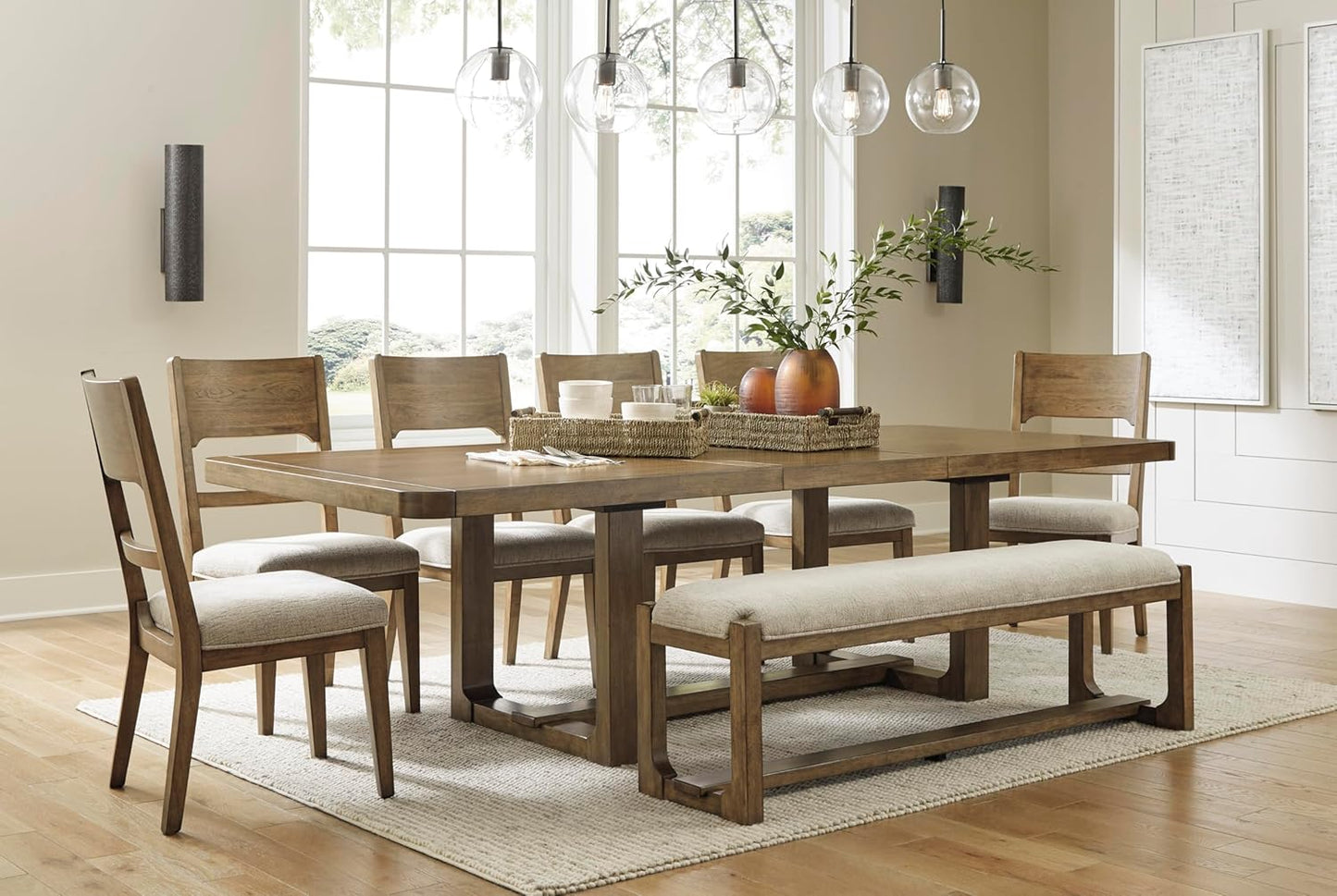 Signature Design by Ashley Cabalynn Farmhouse Upholstered Dining Bench, Foam Cushion, Hardwood Solids, 63.5" W X 16.5" D X 19.75" H, Beige & Light Brown