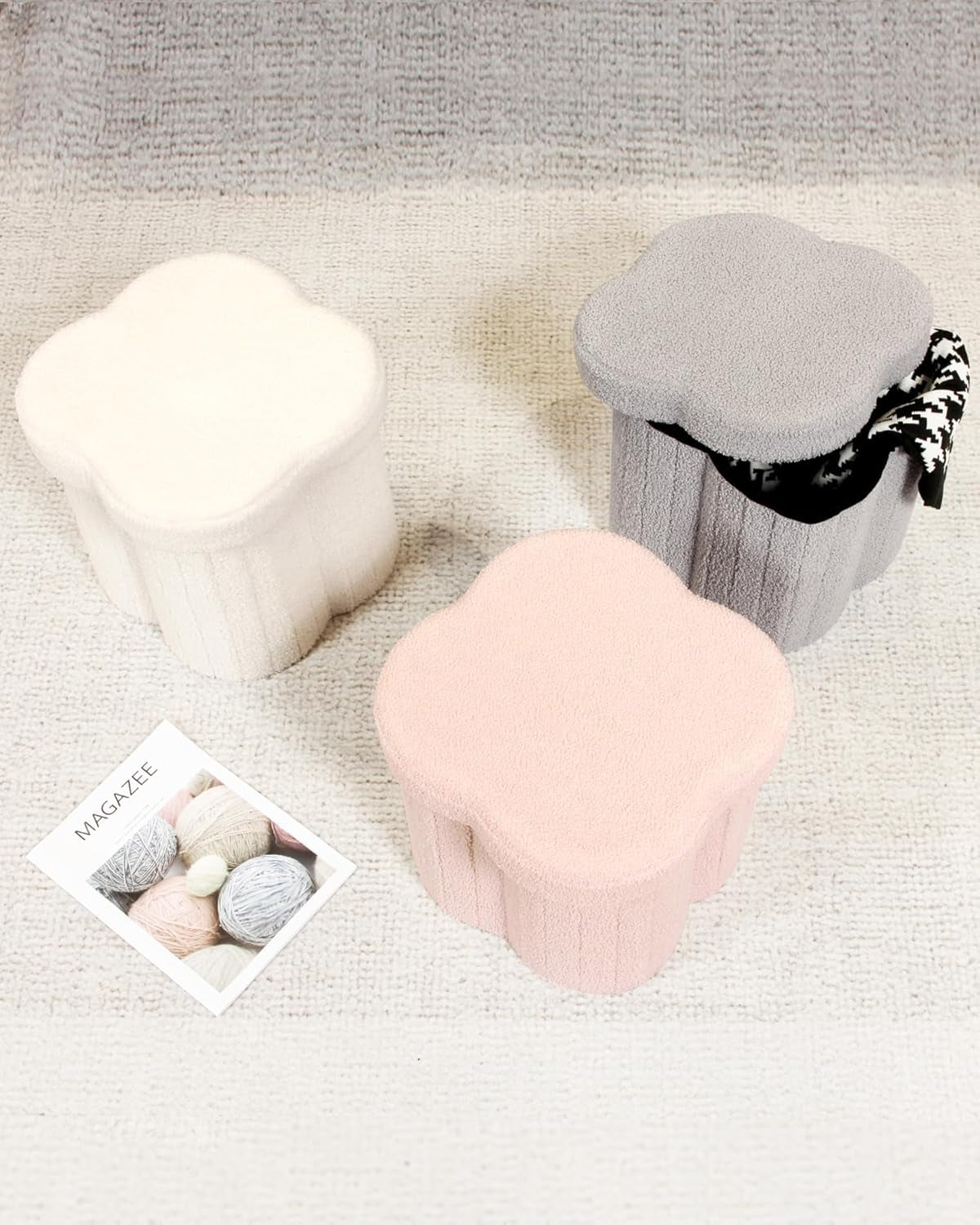 Storage Ottoman Cube, Flowers Shaped Ottomans with Storage Foot Stool Footrest for Lving Room, Boucle Ottoman Seat for Dorm Room,Faux Teddy Fur,White 12.6"X12.6"X12.6"