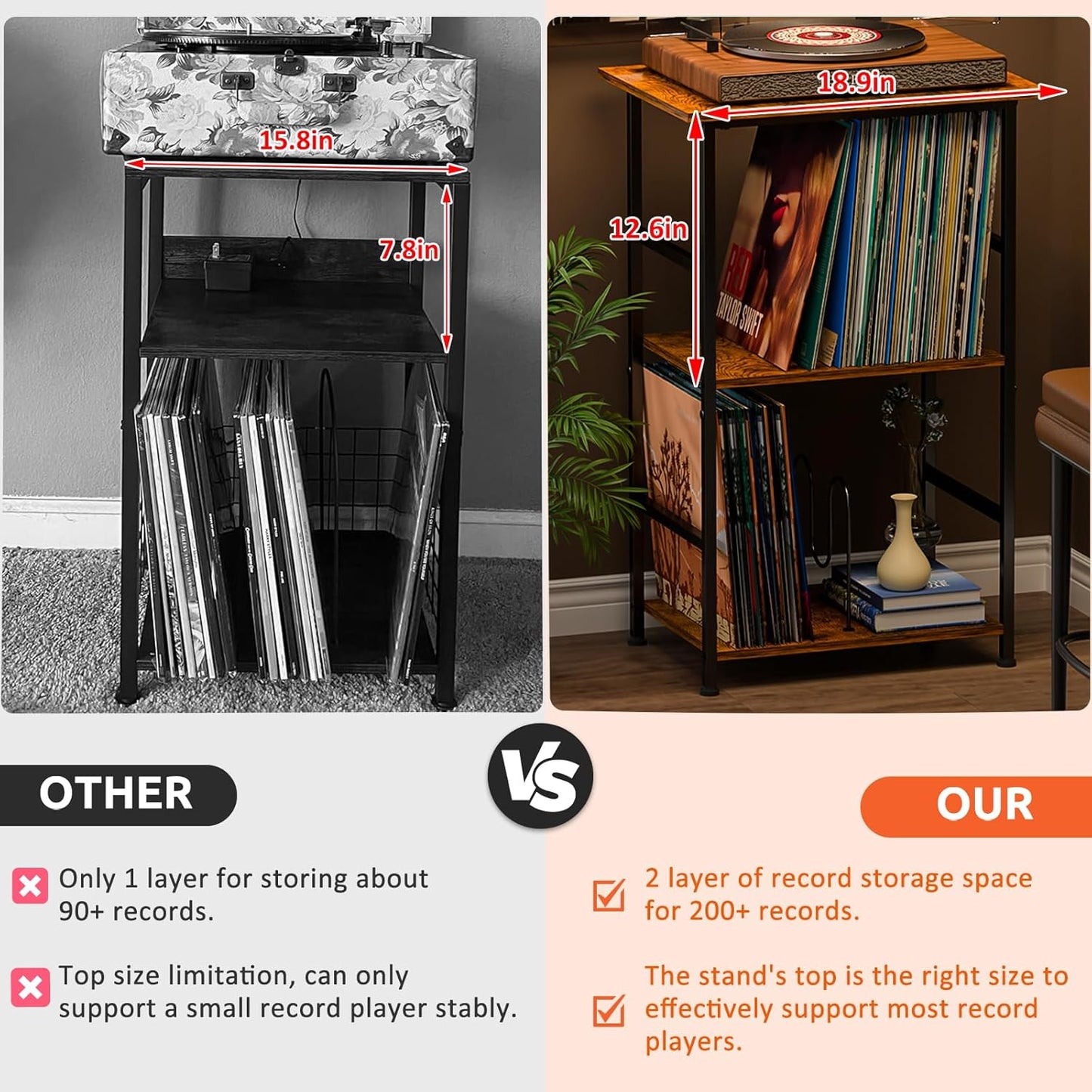 Vinyl Record Player Stand for 200 Albums - Solid Wood Turntable Table with Extended Desktop, Space-Saving LP Holder Cabinet for Living Room, Bedroom & Home Office