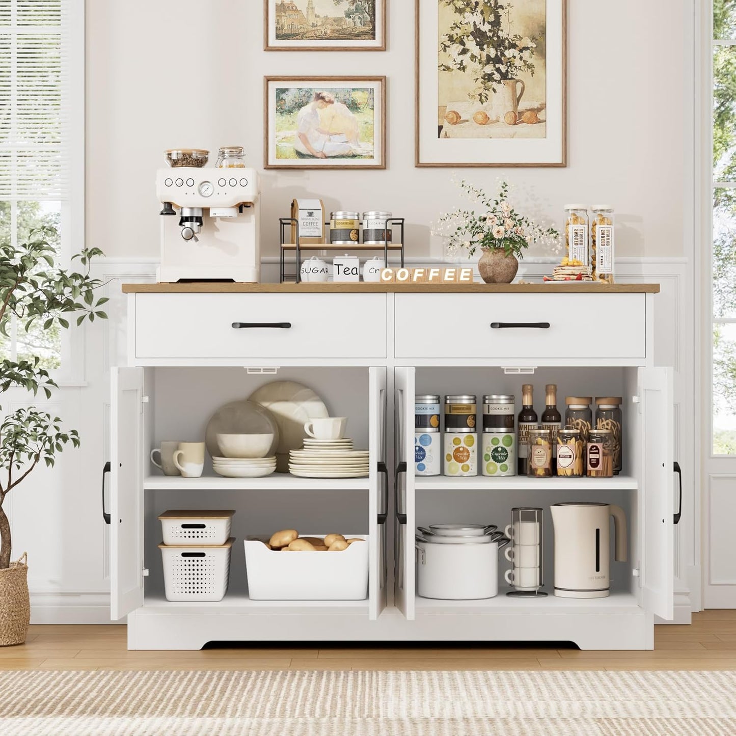 Buffet Cabinet with Storage, 47.2" Kitchen Sideboard Buffet with Drawers, Modern Farmhouse Coffee Bar Station with Shelves, Barn Doors Storage Cabinet for Living Room, White/Rustic Brown