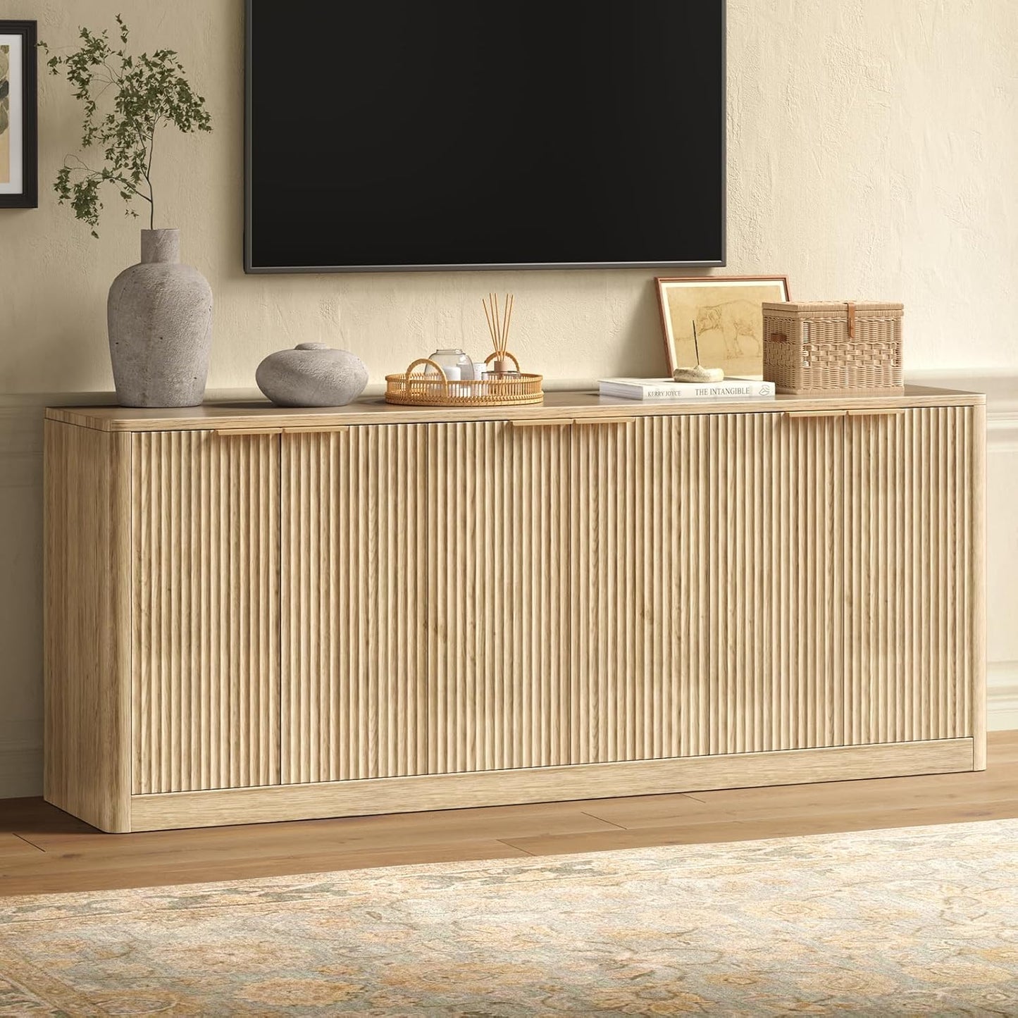 67" Oak Fluted TV Stand for Tvs up to 75", Mid-Century Modern Entertainment Center with Storage Cabinets and 6 Doors, Wood Media TV Consoles for Living Room and Bedroom