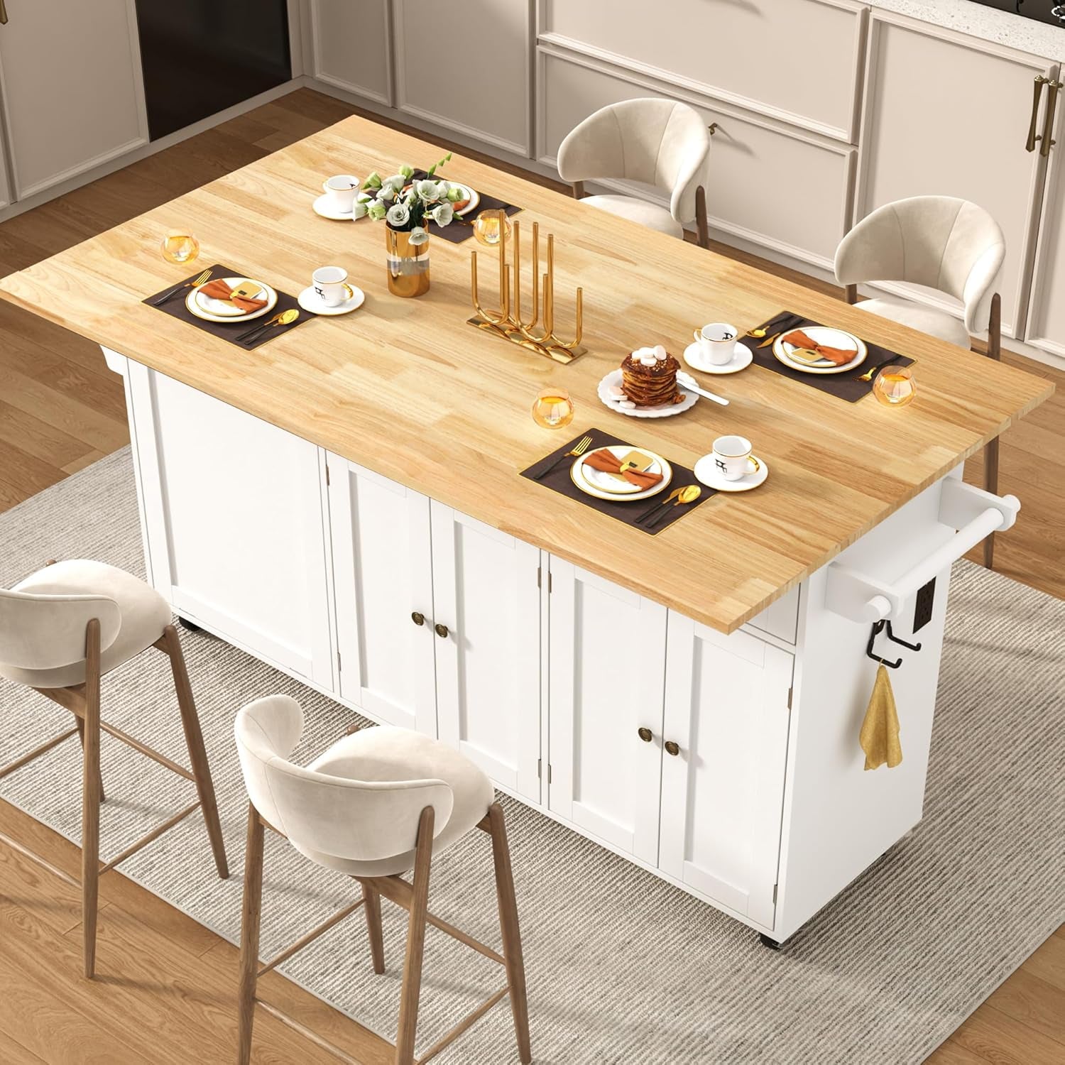 67" Large Movable Kitchen Island W/Sliding Drop Leaf,Power Outlet, Kitchen Rolling Island Cart W/ 2 Drawers, Island Table on Wheels W/ Trash Storage Cabinet,Spice Rack, Towel Bar,Garage Hook, White