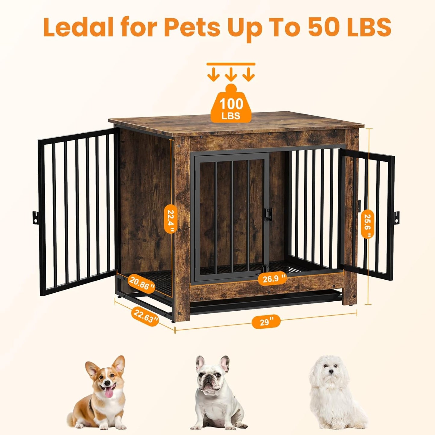 Dog Crate Furniture, Dog Crate End Table for Medium and Large Dogs,Wooden Cage Kennel Furniture Indoor, Modern Dog Crate with Multi-Purpose Removable Tray, Double-Doors Dog Furniture