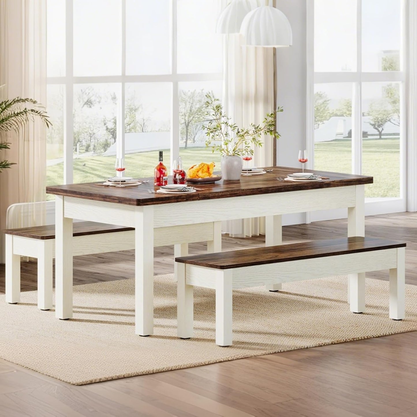 Farmhouse Kitchen Table Set for 4-6, 55-Inch Wooden Dining Table with 2 Benches, Space Saving 3 Pieces Heavy Duty Dinette for Dining Room, Kitchen, Small Space
