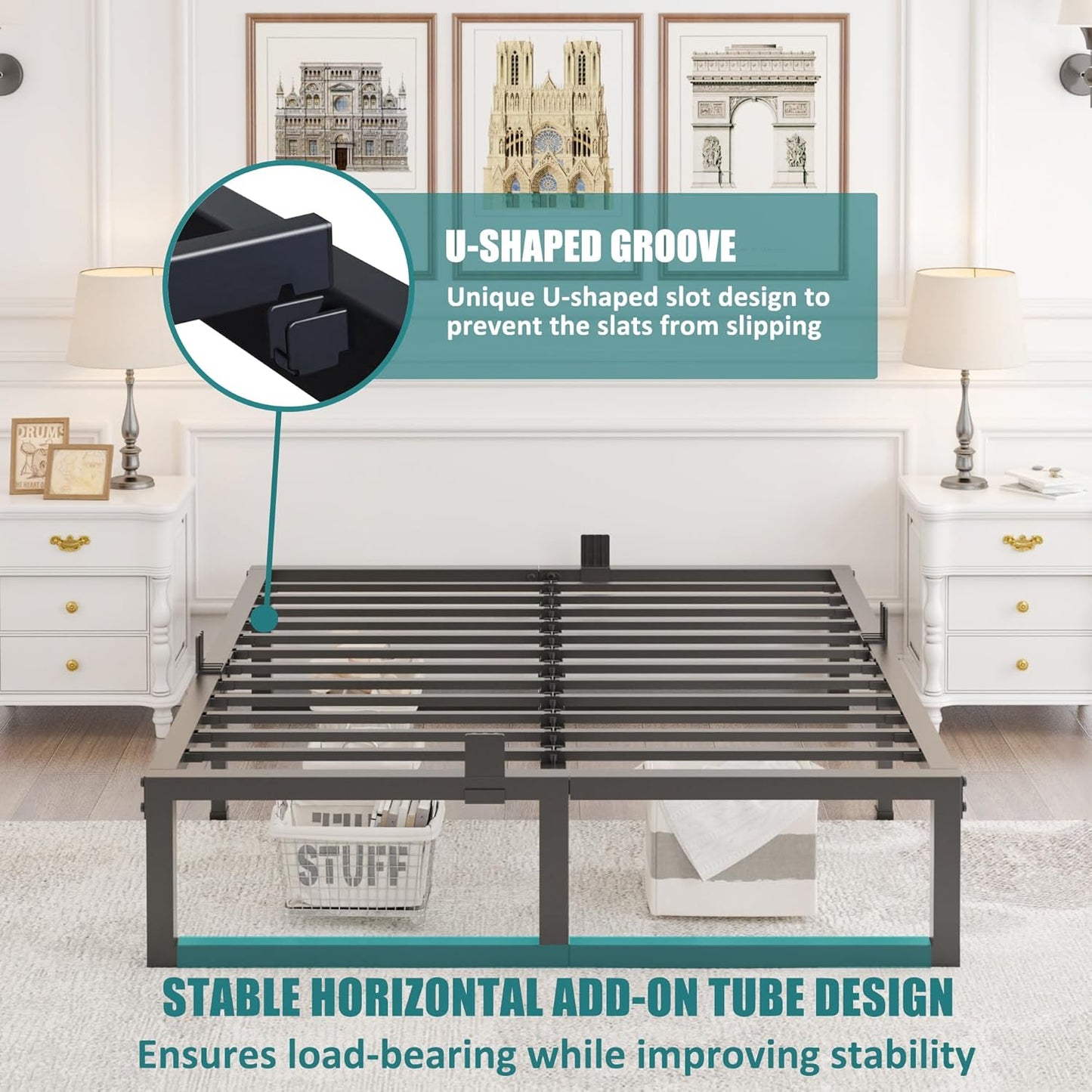 14 Inch Queen Bed Frame,3500 Lbs Heavy Duty Metal Platform, Steel Slats Support/No Box Spring Needed/Noise Free/Non-Slip/Easy Assembly