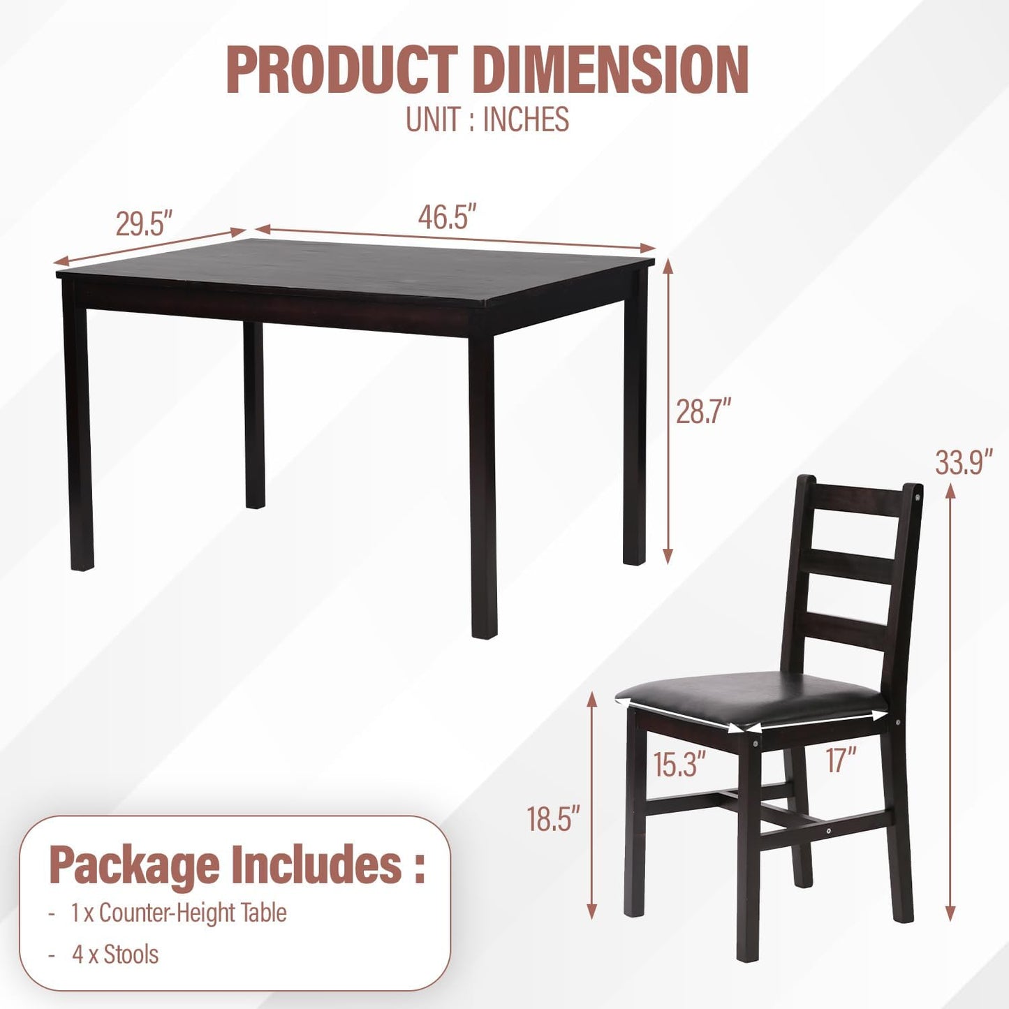5 Pieces Kitchen Dining Room Set Dining Kitchen Table and Chairs Mid Century Style Wood Dinette Table Set for Home Family Dining Area Dark Brown
