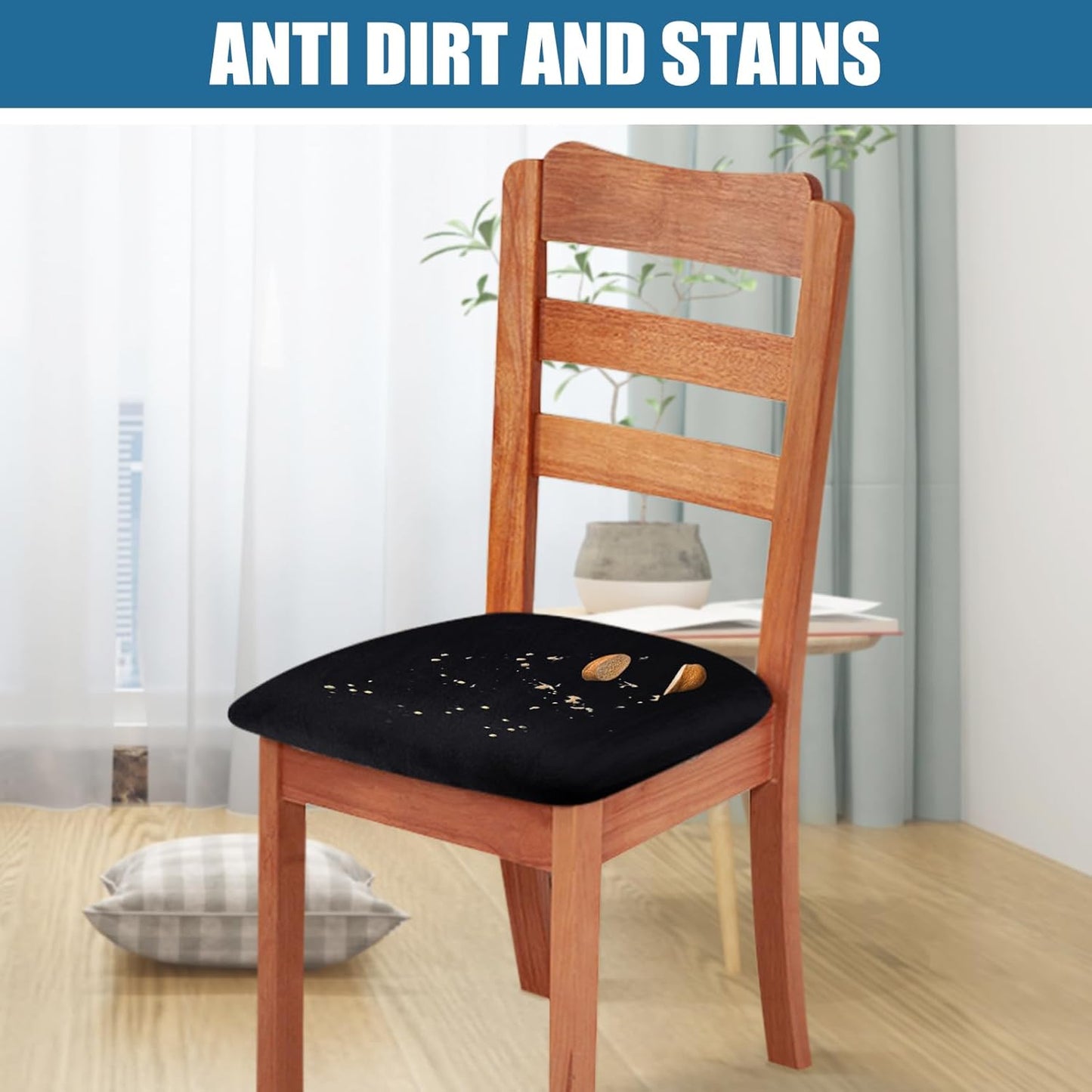 Velvet Seat Covers for Dining Room Chair Set of 4, Stretch Fit Removable Washable Chair Seat Cushion Protector Slipcovers with Ties, Black