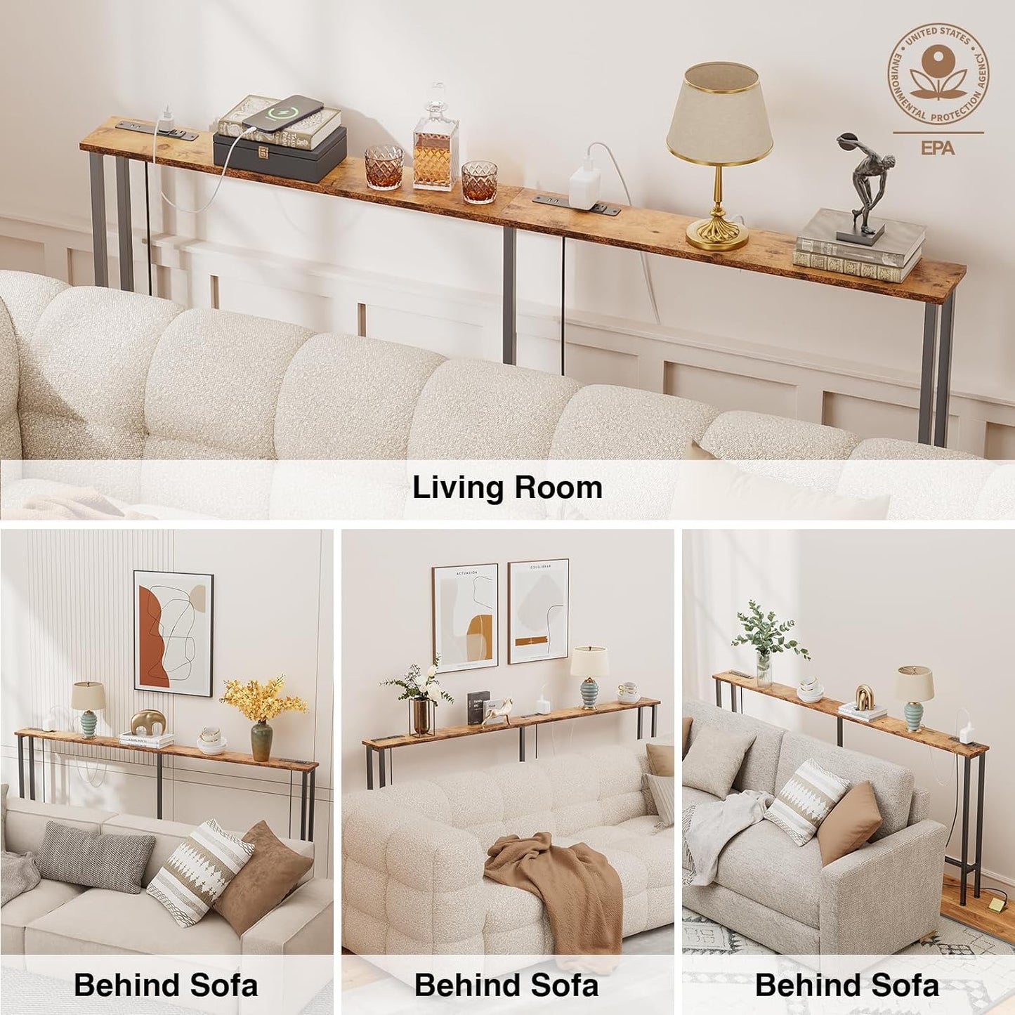 70" Narrow Console Sofa Table - 2 Power Outlets & 4 USB Ports, Metal Frame, Rustic Brown, Perfect for Hallway, Office, and behind Sofa - Easy Assembly, 4.9' Extension Cord Included