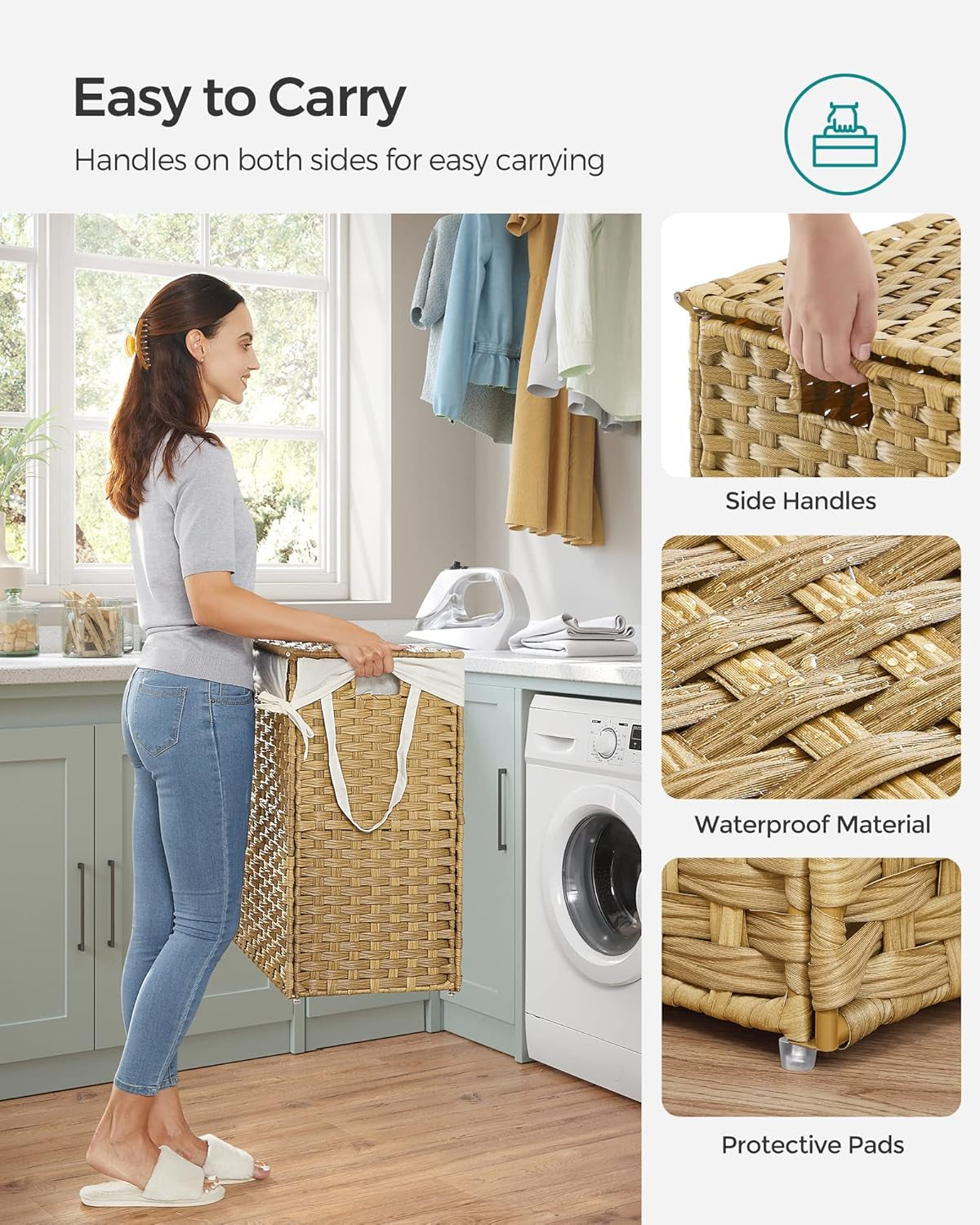 Natural wicker double laundry hamper with lid and liner bags, view 7