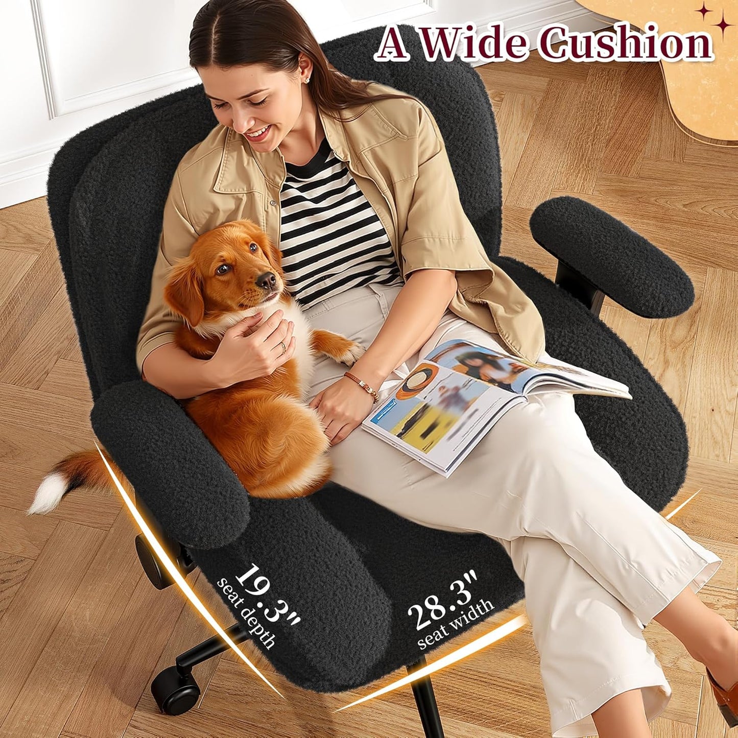 Cross Legged Office Chair with Flip-Up Arms,Wide Criss Cross Chair with Wheels,White Vanity Chair with Extra-Deep Seat Thickened for Home Office,Vanity, Apartment Dorms,Plush Cushion,Comfy