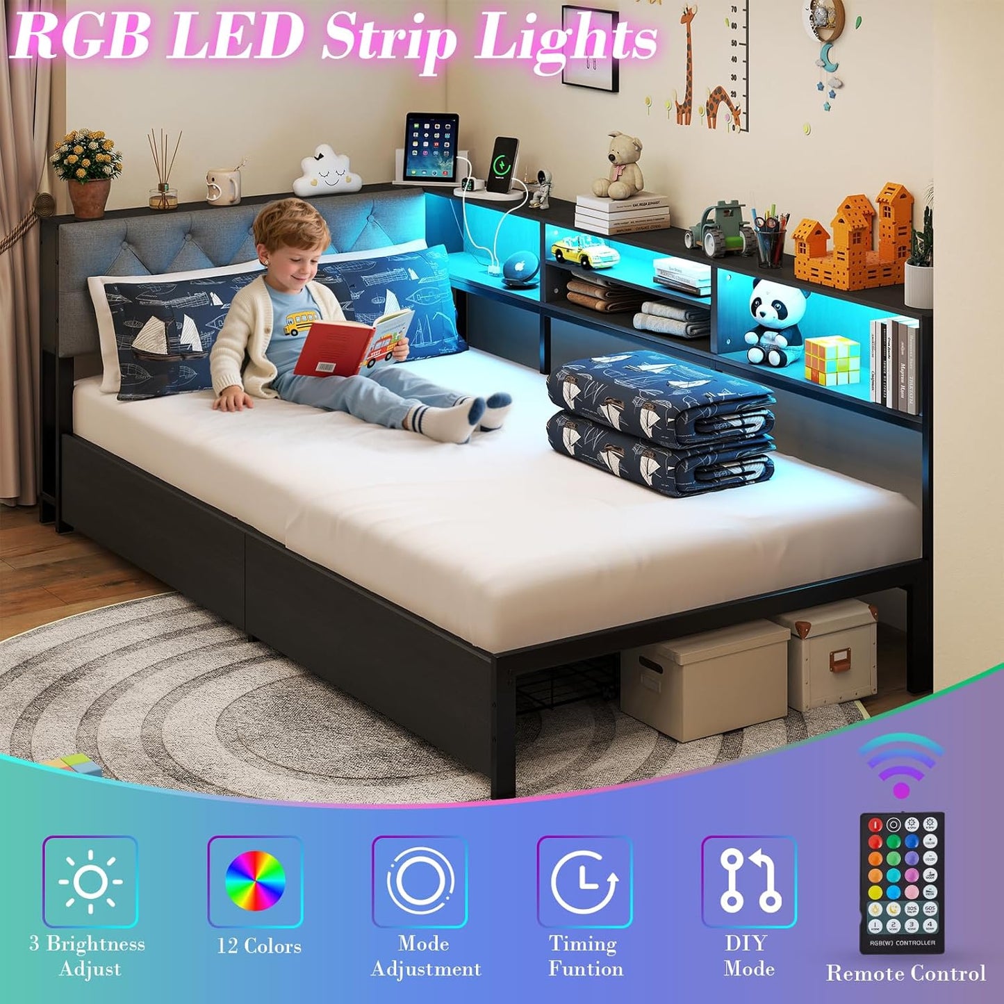 Corner Bed Frame with Storage Bookcase and LED Lights Twin XL Platform Bed Frame with Upholstered Headboard and Charging Station, Twin XL Daybed with 2 Storage Drawers, Dark Gray