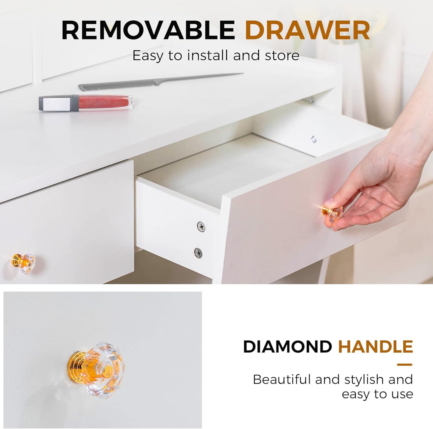 Makeup Vanity Desk with Mirror and Lights, Vanity Table and Chair Set with 5 Drawers and Charging Station, Bedroom Dresser LED Mirror Stepless Dimmable & 3 Color Modes Adjustable, White