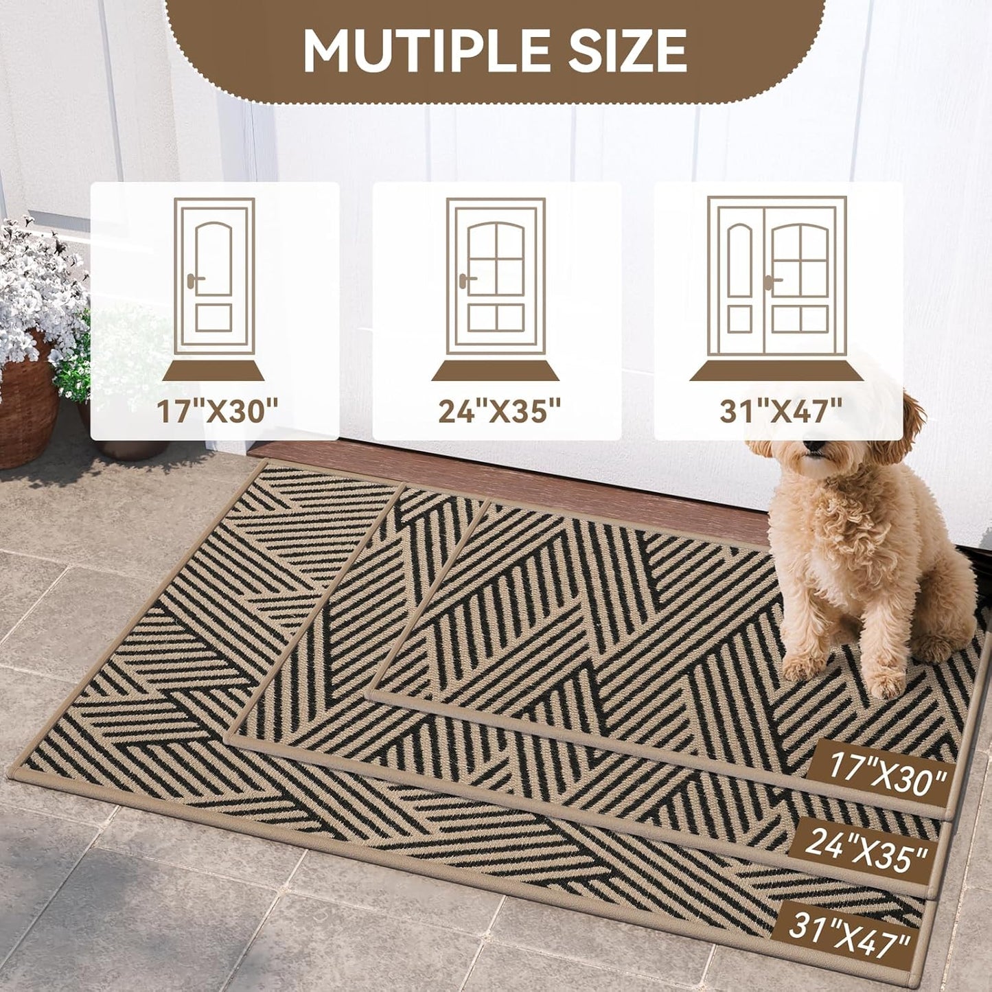 Front Door Mat outside Entrance, Non Slip Rubber Backing, Trap Dirt and Moisture, Easy Clean Low Profile Welcome Floor Mats for Patio Porch Indoor Outdoor Entry Mat, 17X30 Inch, Brown