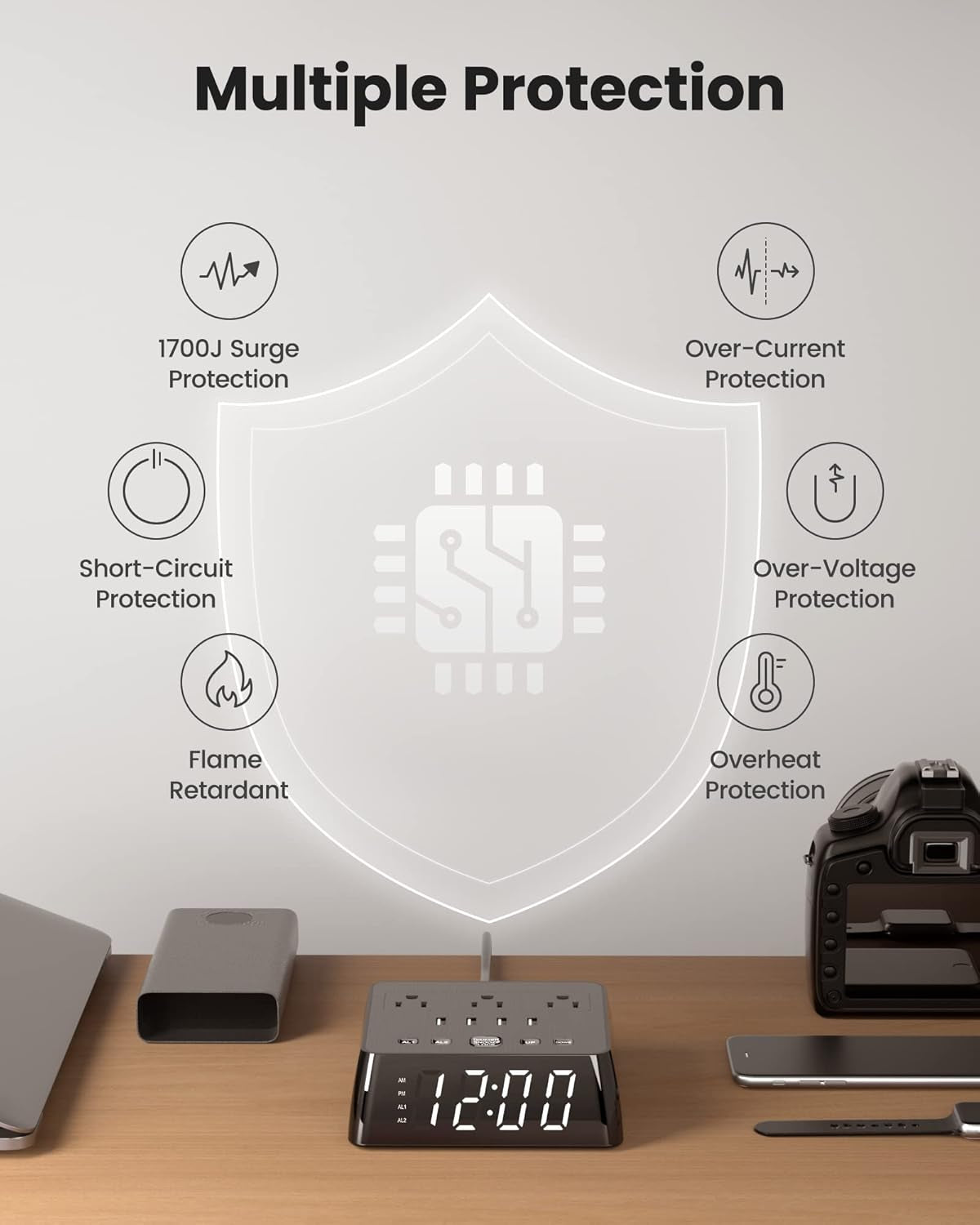 Alarm Clock with 4 USB Chargers Power Strip 3 Outlets 1700J Surge Protector Nightstand Dimmable Digital Clock with Dual Alarm and Snooze Function for Bedroom, Full Screen LED Display