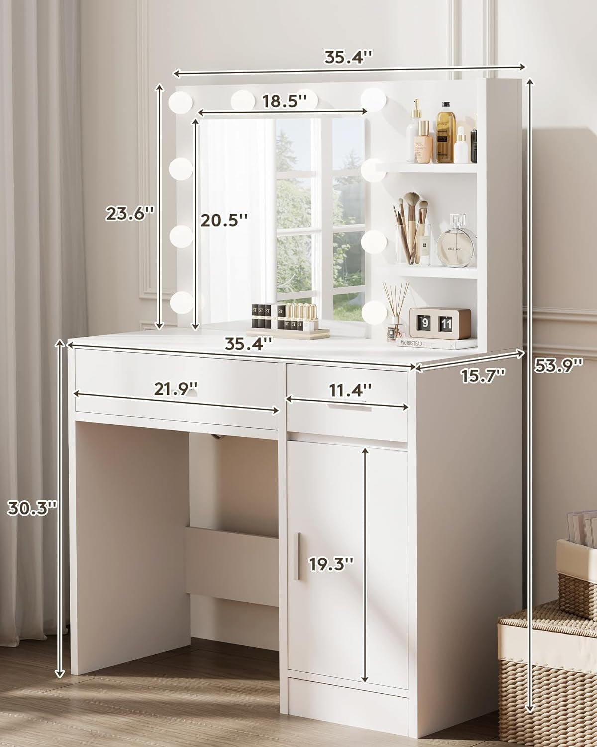 Lighted Makeup Vanity Desk, 35.4“W X 15.7'”D X 54“H, White (With Lights and Mirror, Dimming Function, 2 Drawers and 1 Cabiniet, Open Shelves) by Boahaus