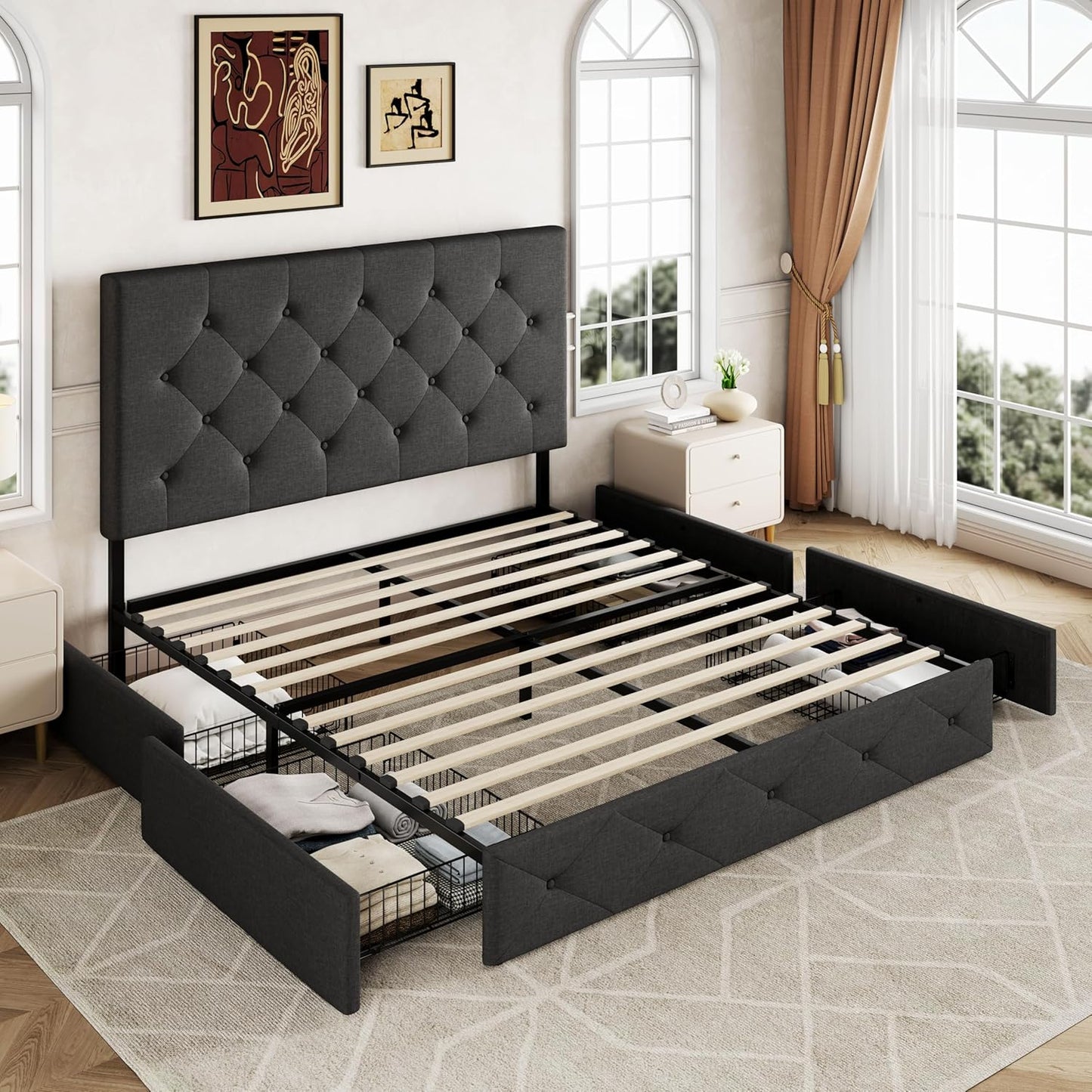 Upholstered Queen Size Platform Bed Frame with 4 Storage Drawers and Headboard, Diamond Stitched Button Tufted, Mattress Foundation with Wooden Slats Support, No Box Spring Needed, Dark Grey