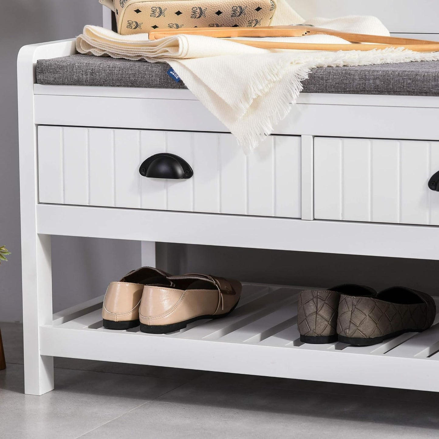 3-In-1 Hall Tree, Entryway Bench with Coat Rack, Mudroom Bench with Shoe Rack, 2 Storage Drawers, 4 Hooks and Padded Seat Cushions for Hallway, White