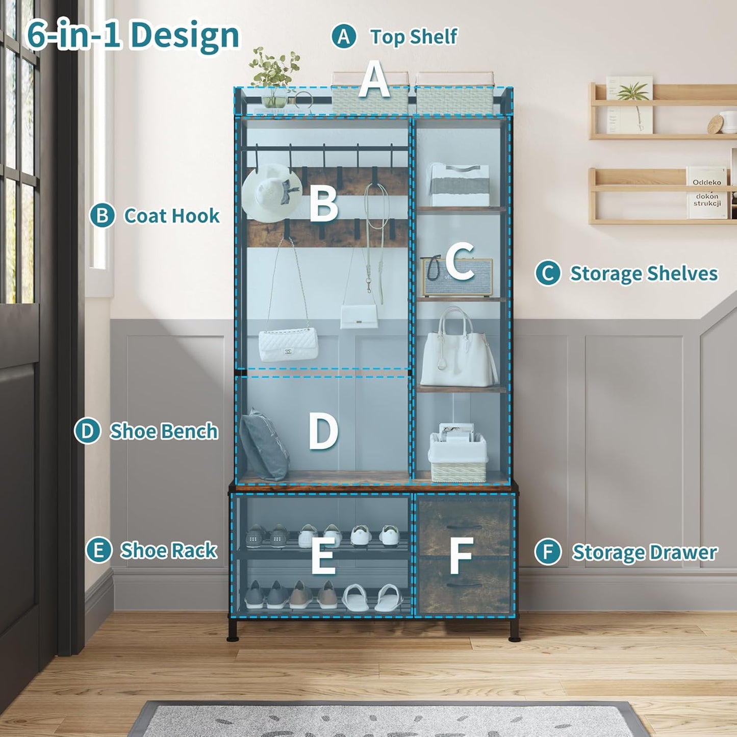 Hall Tree with Bench Storage and Shoes Storage, Hall Tree with Drawers and Shelves for Bedroom, 6-In-1 Entryway Organizer with Shelves, Living Room, Entryway, Closets (Rustic Brown)