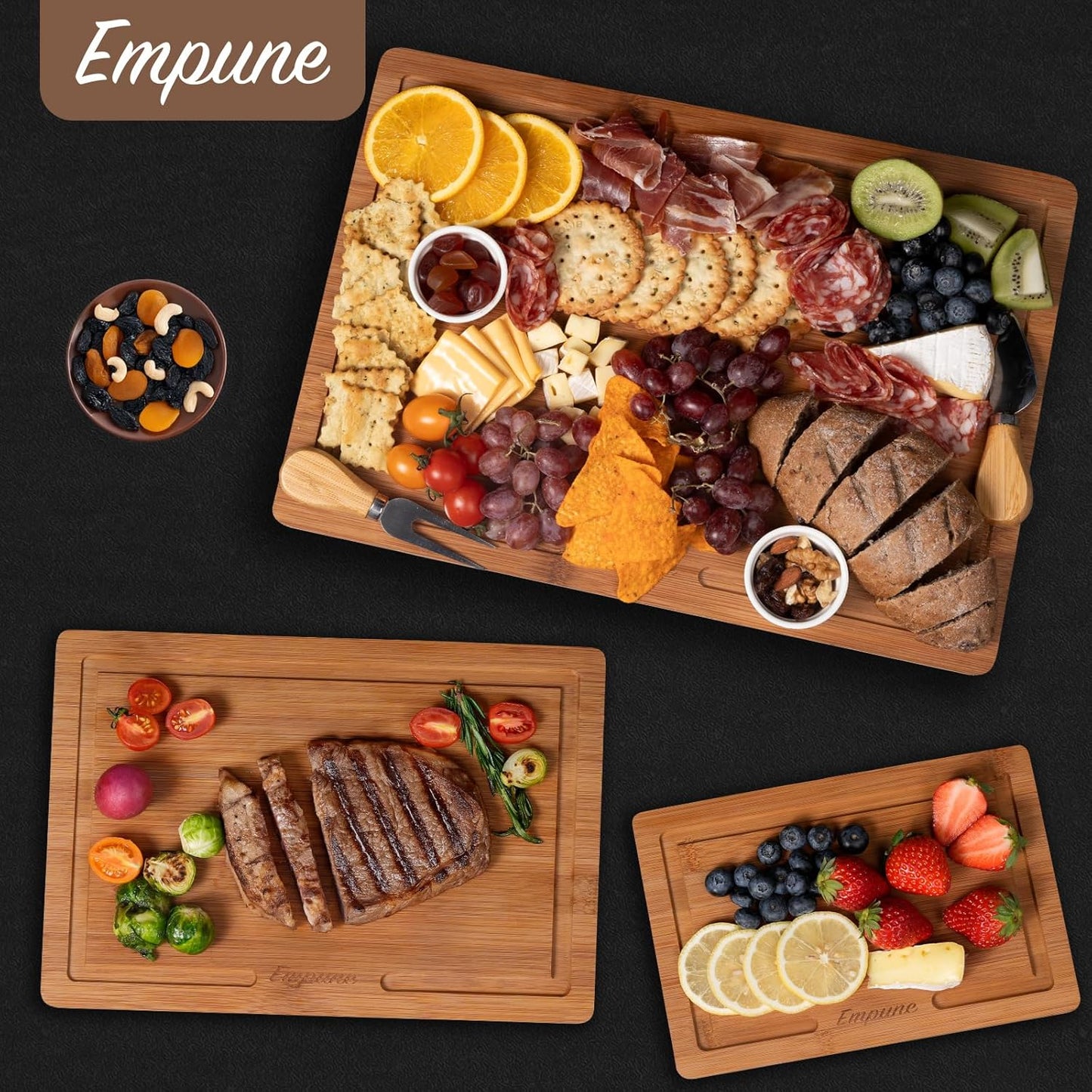 Bamboo Cutting Board Set, Wood Cutting Boards for Kitchen with Holder Wooden Chopping Board for Meal Prep & Serving, Brown