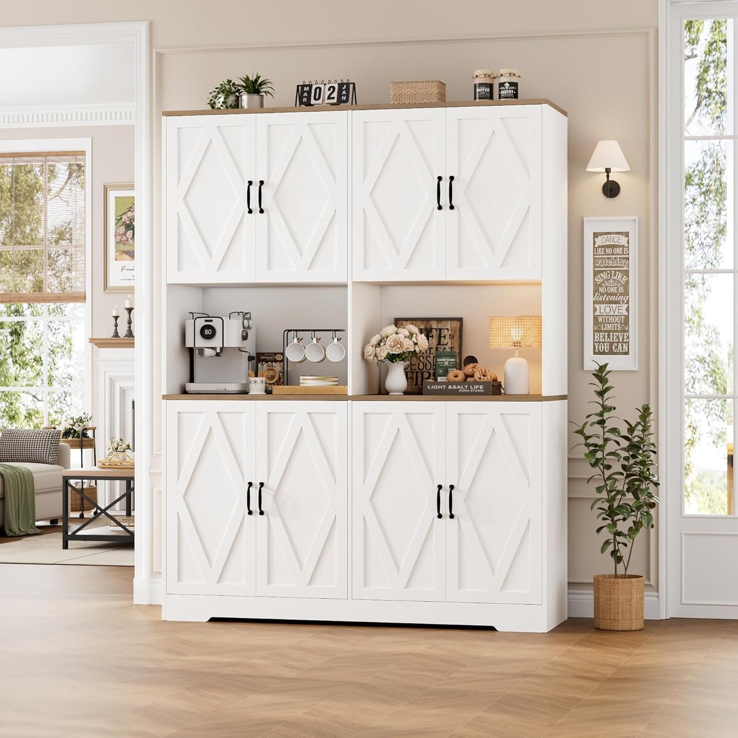 71" Tall Pantry Cabinet, 55" Wide Kitchen Pantry Storage Cabinet, Large Kitchen Hutch with 2 Microwave Stands, Farmhouse Coffee Bar Station with Doors and Shelves for Dining Room, White