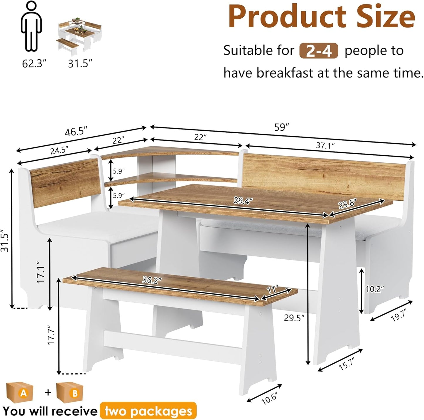 Corner Breakfast Nook Table Set with Cushion, L-Shape Kitchen Dining Table with Bench, Farmhouse Wood Breakfast Nook Bench with Hidden Storage,White & Brown