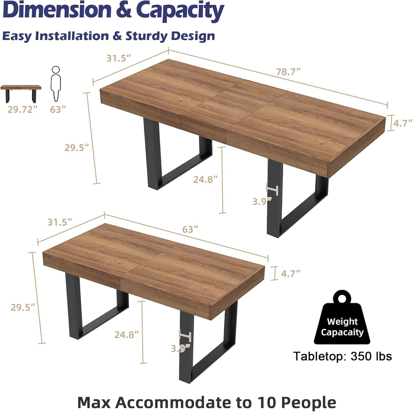 63”-79” Extendable Dining Room Table, Modern Farmhouse Wooden Kitchen Table, Long Expandable Dining Table for 6 8 10, Large Expanding Tables Conference Tables (Walnut Brown)