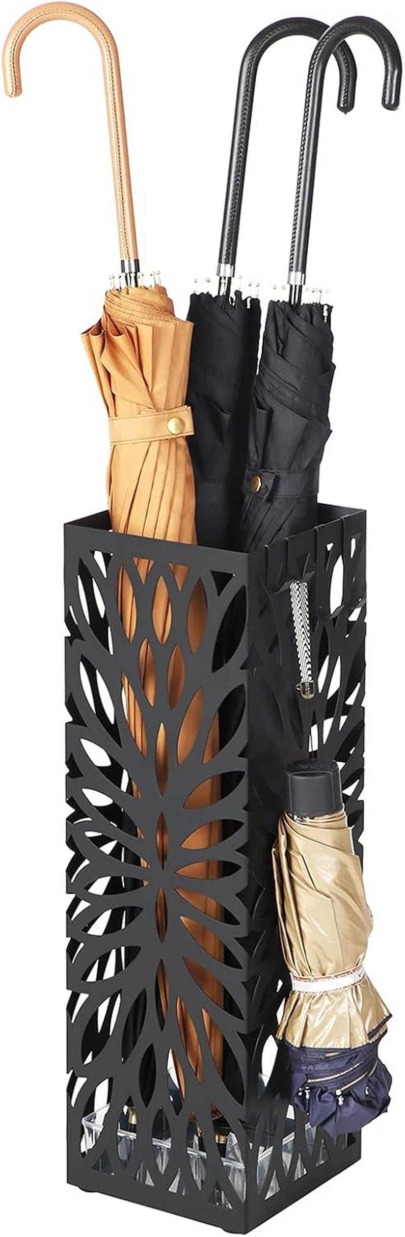 Umbrella Stand, Umbrella Holder for Entryway, Steel Square Umbrella Rack Organizer Freestanding, for Canes Walking Sticks, with a Detachable Drip Tray, 4 Hooks, Black ULUC026B33