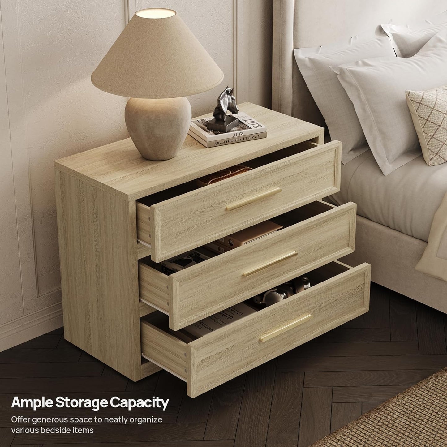 Night Stand Set 2 Oversized Extra Large Nightstands Set of 2 Tall Bedside Side Table with 3 Drawers Storage Modern End Tables Wide Night Stands for Bedroom Sofa Couch Home Office