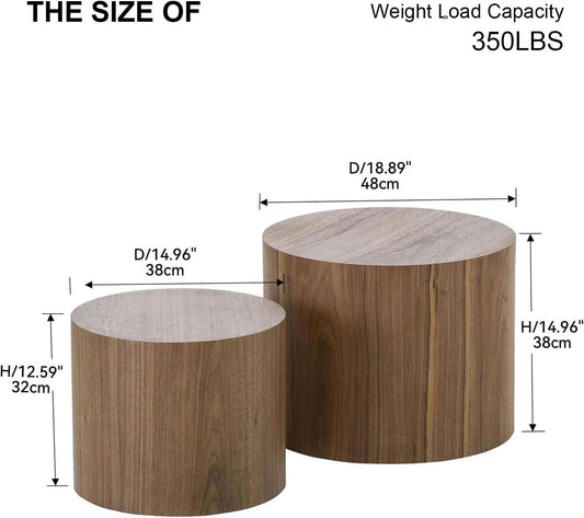 Nesting Coffee Table Set of 2, Modern round Coffee Table with Non-Slip Feet, Walnut Wooden Circle Accent Tables for Small Spaces Living Room Bedroom Balcony Office Drum Side Table (Walnut)