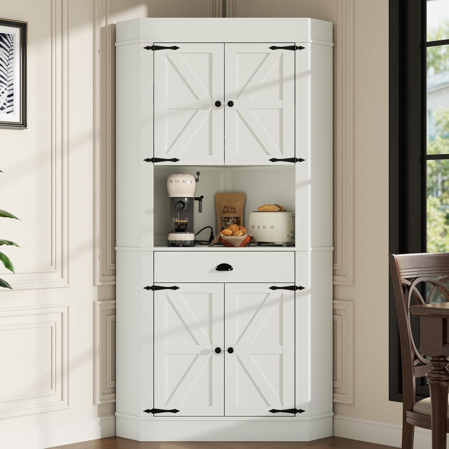 White tall corner pantry cabinet with charging station and drawer, view 8