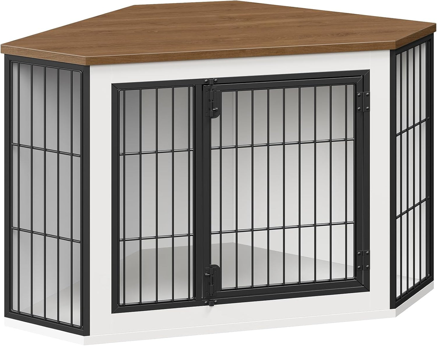 Corner Dog Crate Furniture, Decorative Dog Kennel End Table, Farmhouse Dog Crate TV Stand for Small and Medium Dogs, Walnut, White and Black BWH90GW03